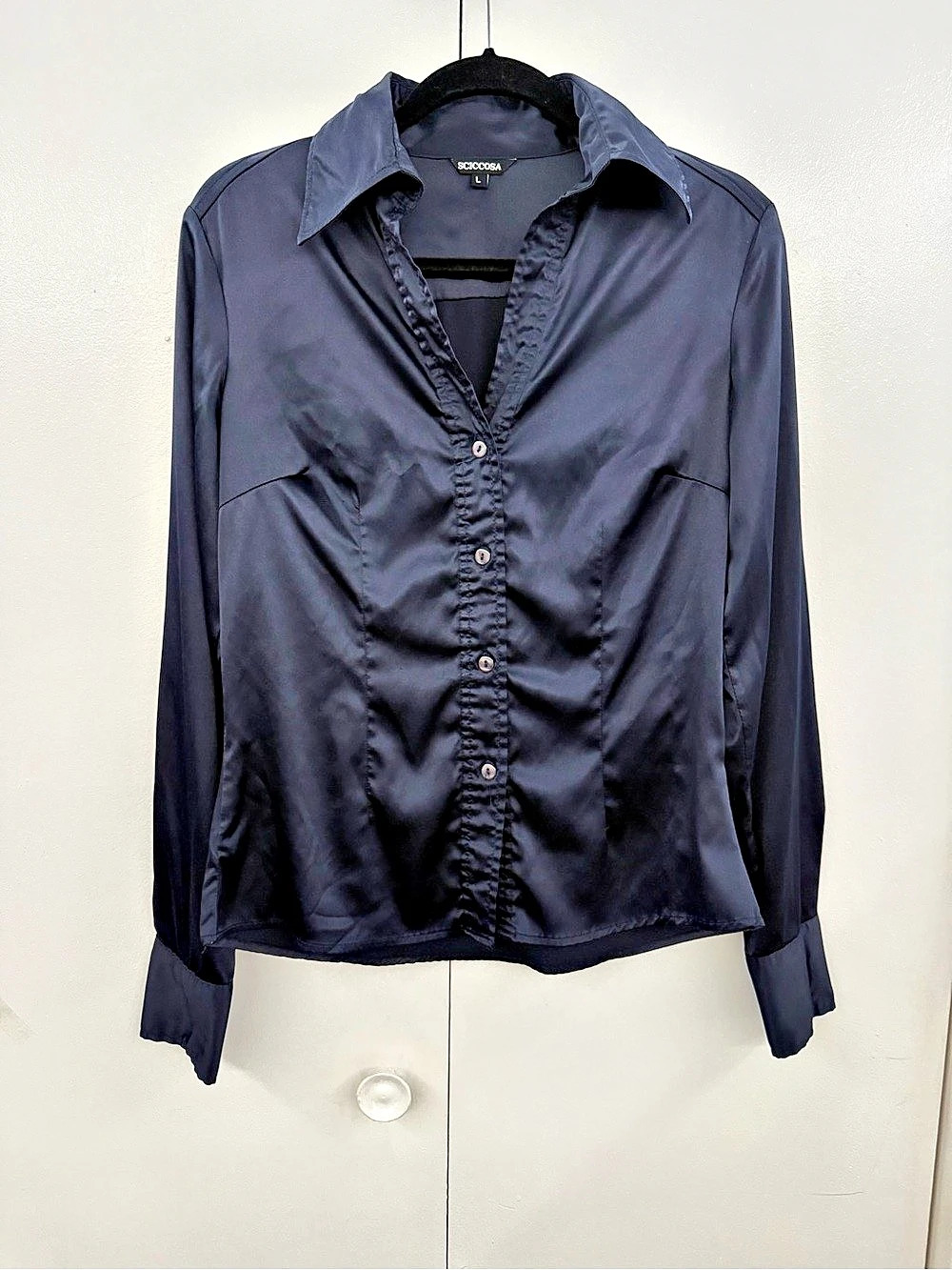 SCICCOSA Navy Blue Satin Button Down Blouse Size L